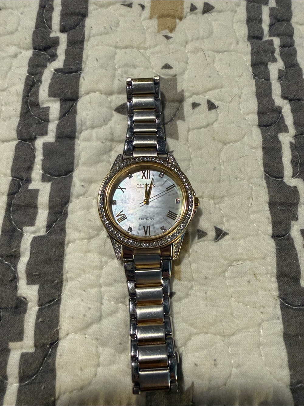 Citizen Two-Tone Silver and Gold Crystal Bezel Watch with Mother-of-Pearl Dial